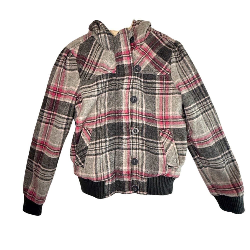 Aeropostale Plaid Wool Blend Sherpa Hooded Jacket Women's L Gray Pink Y2K